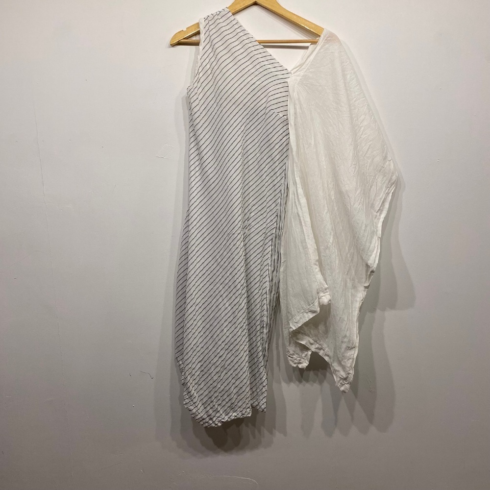 Lotus Eaters Striped‎ and White Linen Coastal Asymmetrical Dress Small